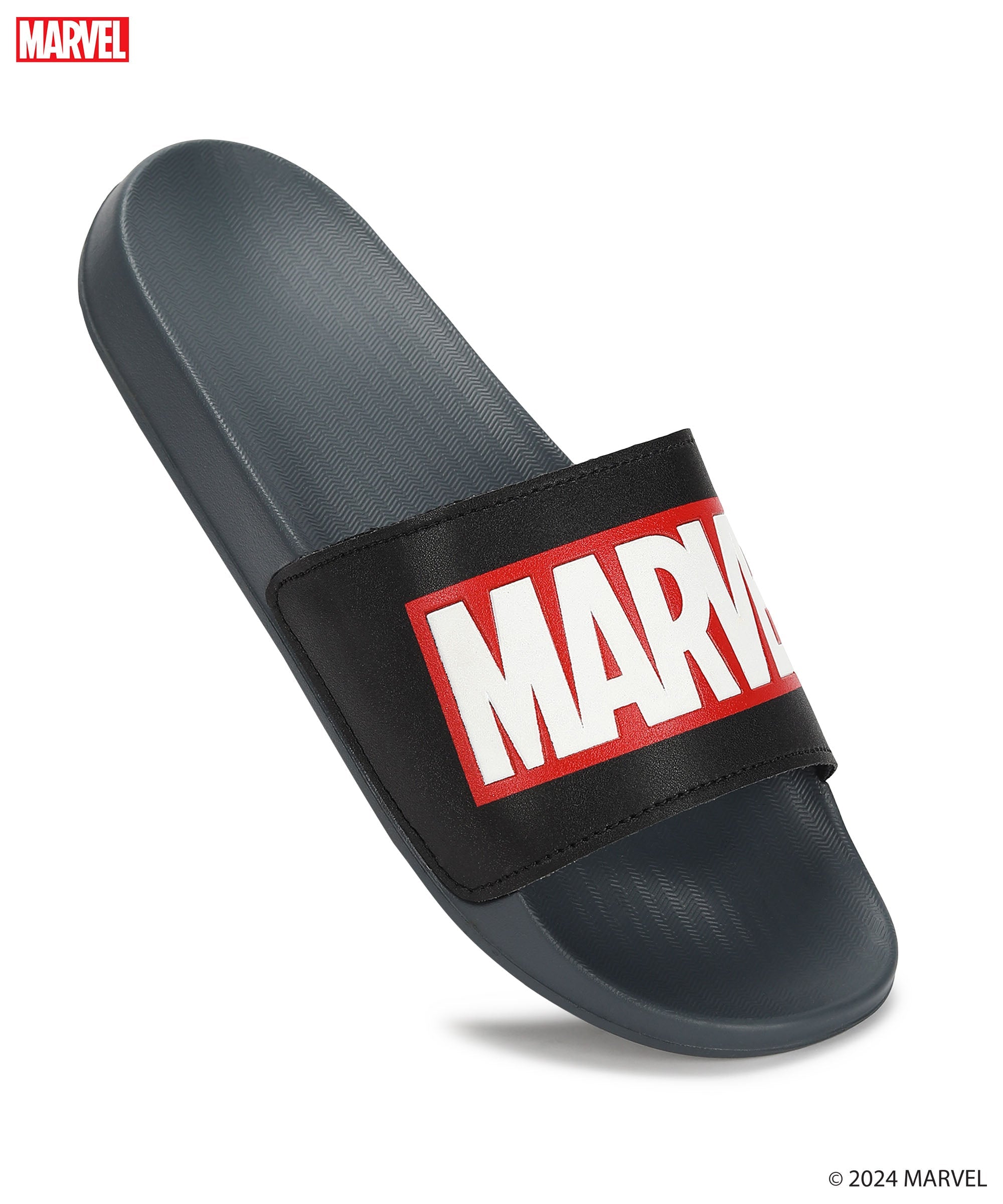 Marvel EVMK10922 Men&#39;s Black Sliders | Trendy Sliders with Cushioned &amp; Durable Anti-Skid Construction | Waterproof &amp; Lightweight, Perfect for Everyday Casual Wear